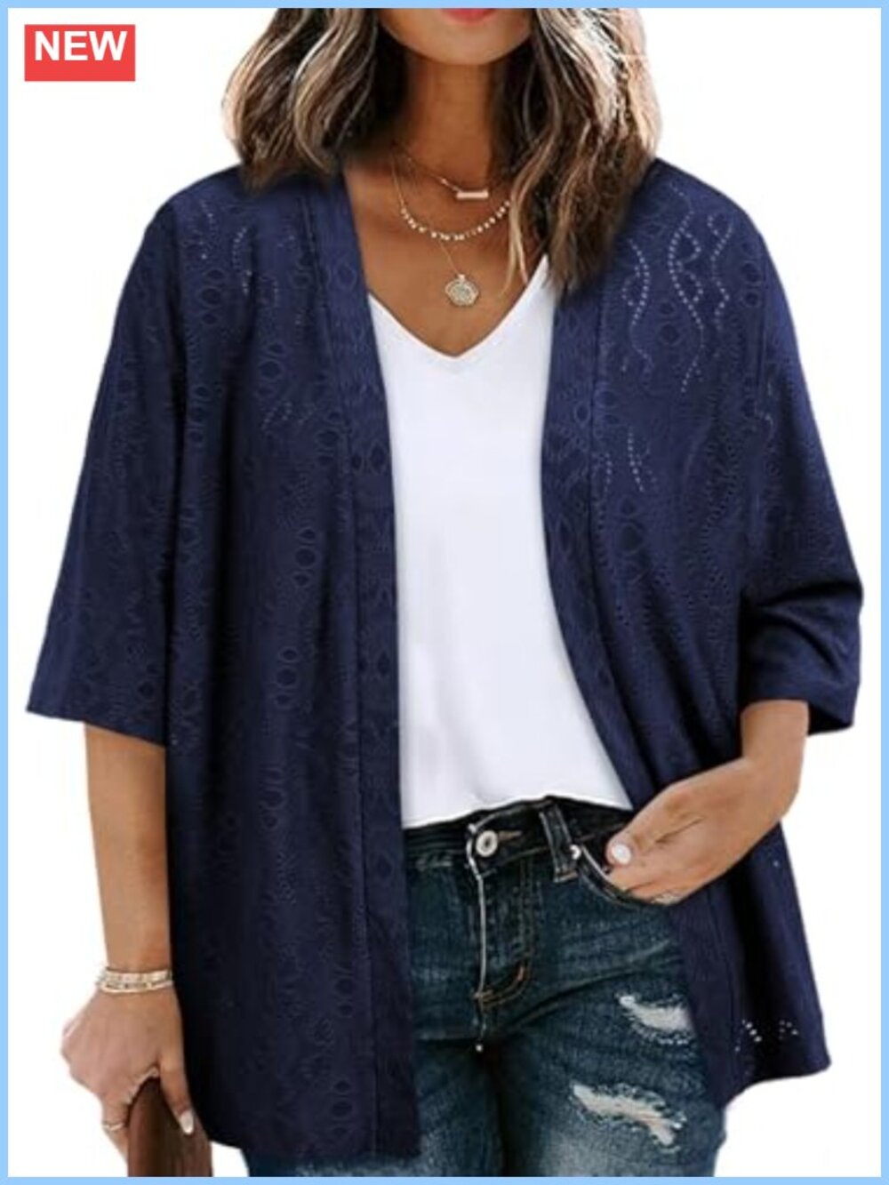 Plus Size Jacquard Knit Kimono Cardigan Half Sleeve Open Front Lightweight